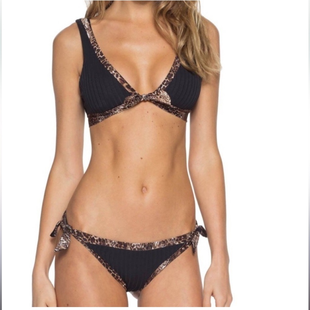 BECCA Leopard Trim Ribbed Knot Front Bralette Swimsuit - S